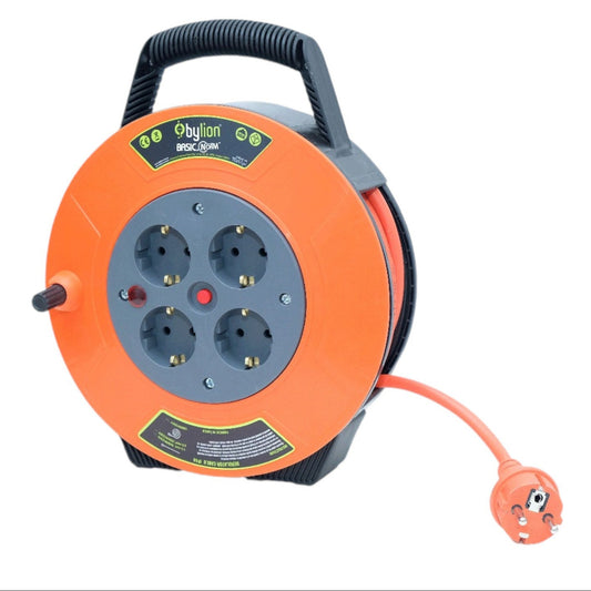 Kompakte aufrollbare Kabeltrommel / Kabeltrommel, 10m 4 Steckdosen IP20, Thermo- / Kindersicherung, 3x1mm2, Typ SCHUKO, PKE-10310-F