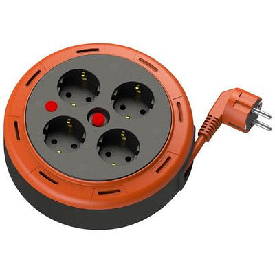 Compact cassette roll extension cable, 5m cable with 4 sockets IP20 + thermal fuse + child safety lock, 3x1mm2, SCHUKO type earthing, PHE-05310-F