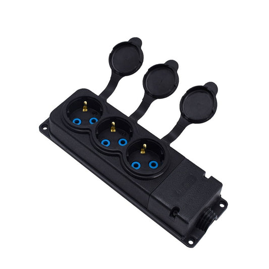Triple socket "Rubber" black with cover hermetic IP44 250V, 16A, SCHUKO 2P+Z, 3KMP-F, Bylion