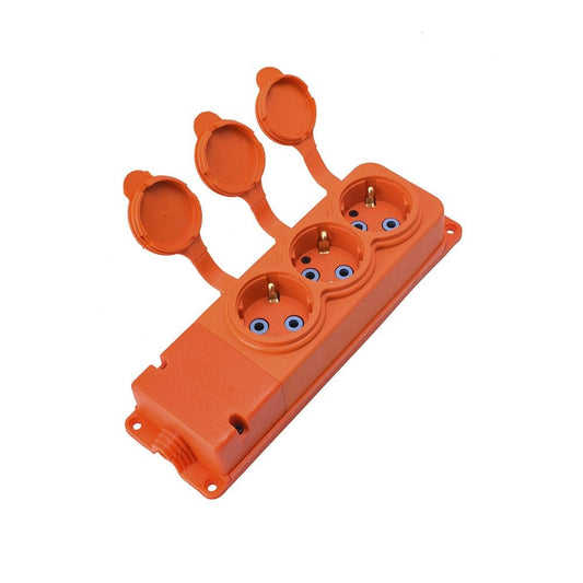 Triple socket "Rubber" orange with cover hermetic IP44 250V, 16A, SCHUKO 2P+Z, 3KMP-FO, Bylion