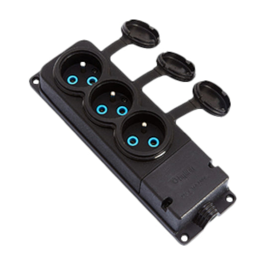 3x Socket, French Type E, Triple "Rubber" Black Socket with Hermetic Cover IP44 250V, 16A, 2P+E, 3KMP-E, Bylion