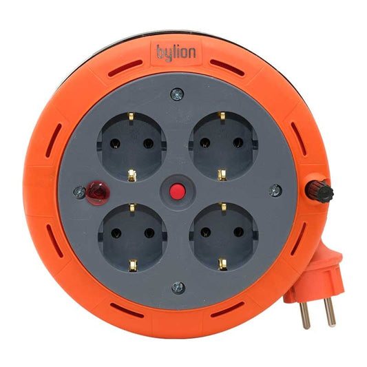 Compact cassette roll extension cable, 5m cable with 4 sockets IP20 + thermal fuse + child safety lock, 3x1mm2, SCHUKO type earthing, PHE-05310-F