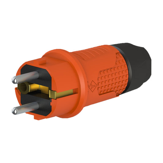 Orange rubber plug IP54, for cable, double earthing, 2P+Z, REF-O, 16 Ampere 250 Volt, manufacturer Bylion