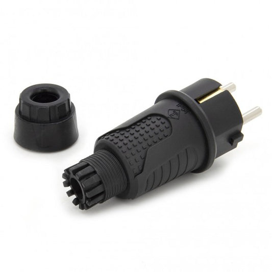 Black rubber plug IP54, 250V 16A per cable, Uni-Schuko (double grounding), 2P+E, REF, Bylion