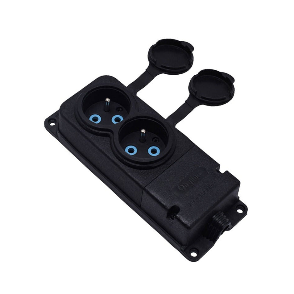 Doppelte Gummisteckdose schwarz hermetisch aufliegend 250V, 16A, IP44, französisch Typ E 2P+Z, 2KMP-E, Bylion