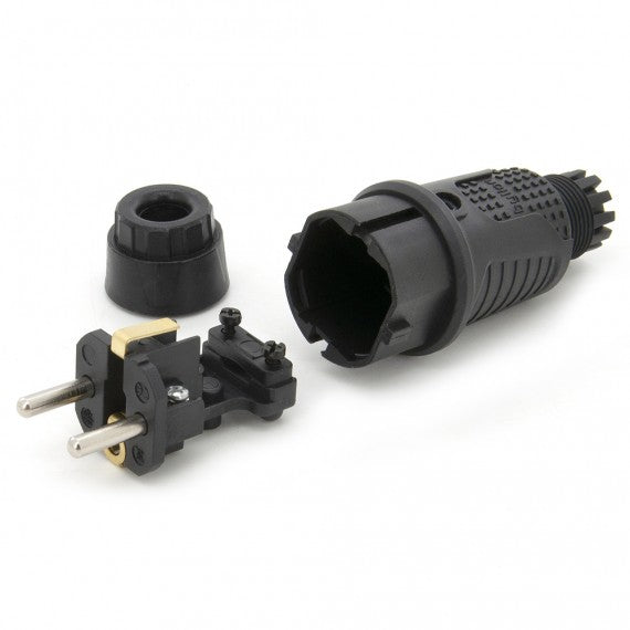 Black rubber plug IP54, 250V 16A per cable, Uni-Schuko (double grounding), 2P+E, REF, Bylion