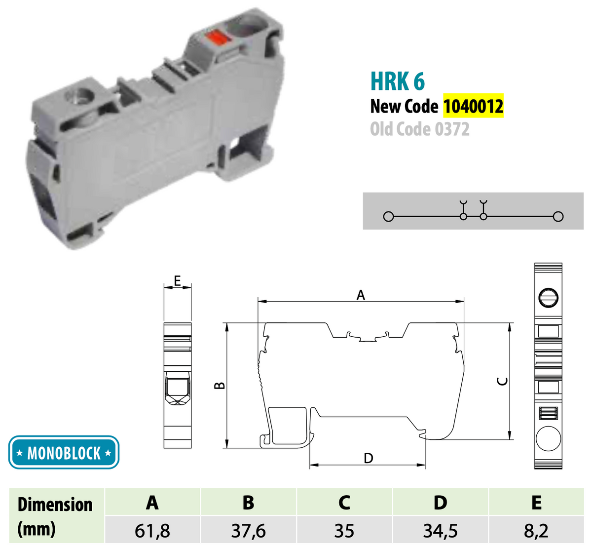 ONKA 6mm2 Hybrid-Schraub-/Federleistenklemmenblock DIN-Schienen-Klemmenblock 2-adrig grau, 1040012