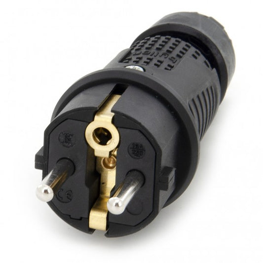 Black rubber plug IP54, 250V 16A per cable, Uni-Schuko (double grounding), 2P+E, REF, Bylion