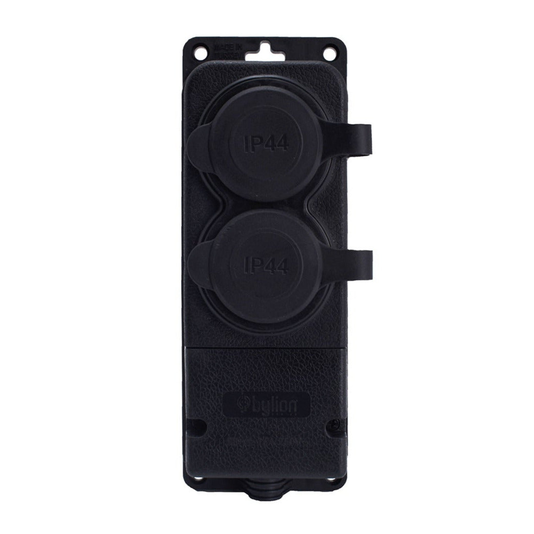 Gummidoppelsteckdose schwarz hermetisch aufliegend 250V, 16A, IP44, SCHUKO 2P+Z, 2KMP-F, Bylion
