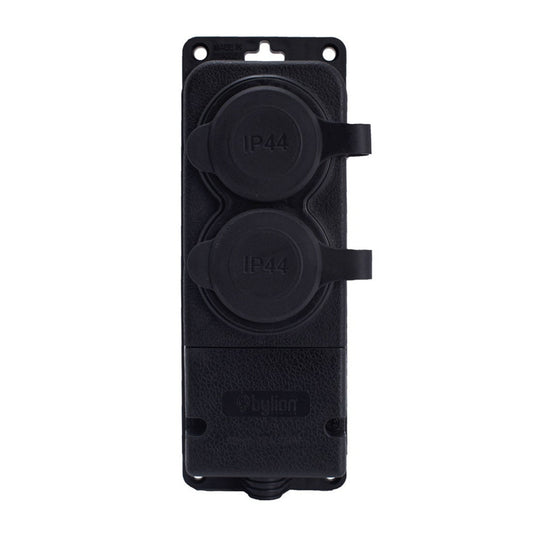 Rubber double socket black hermetic surface-mounted 250V, 16A, IP44, SCHUKO 2P+Z, 2KMP-F, Bylion