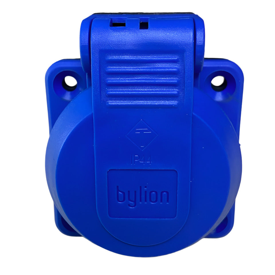Hermetic socket 2P+Z, 230/220V, with grounding, IP44, with flap, blue, 250V Schuko