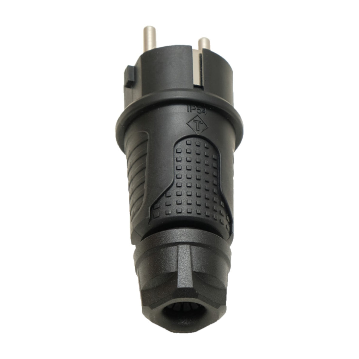 Black rubber plug IP54, 250V 16A per cable, Uni-Schuko (double grounding), 2P+E, REF, Bylion