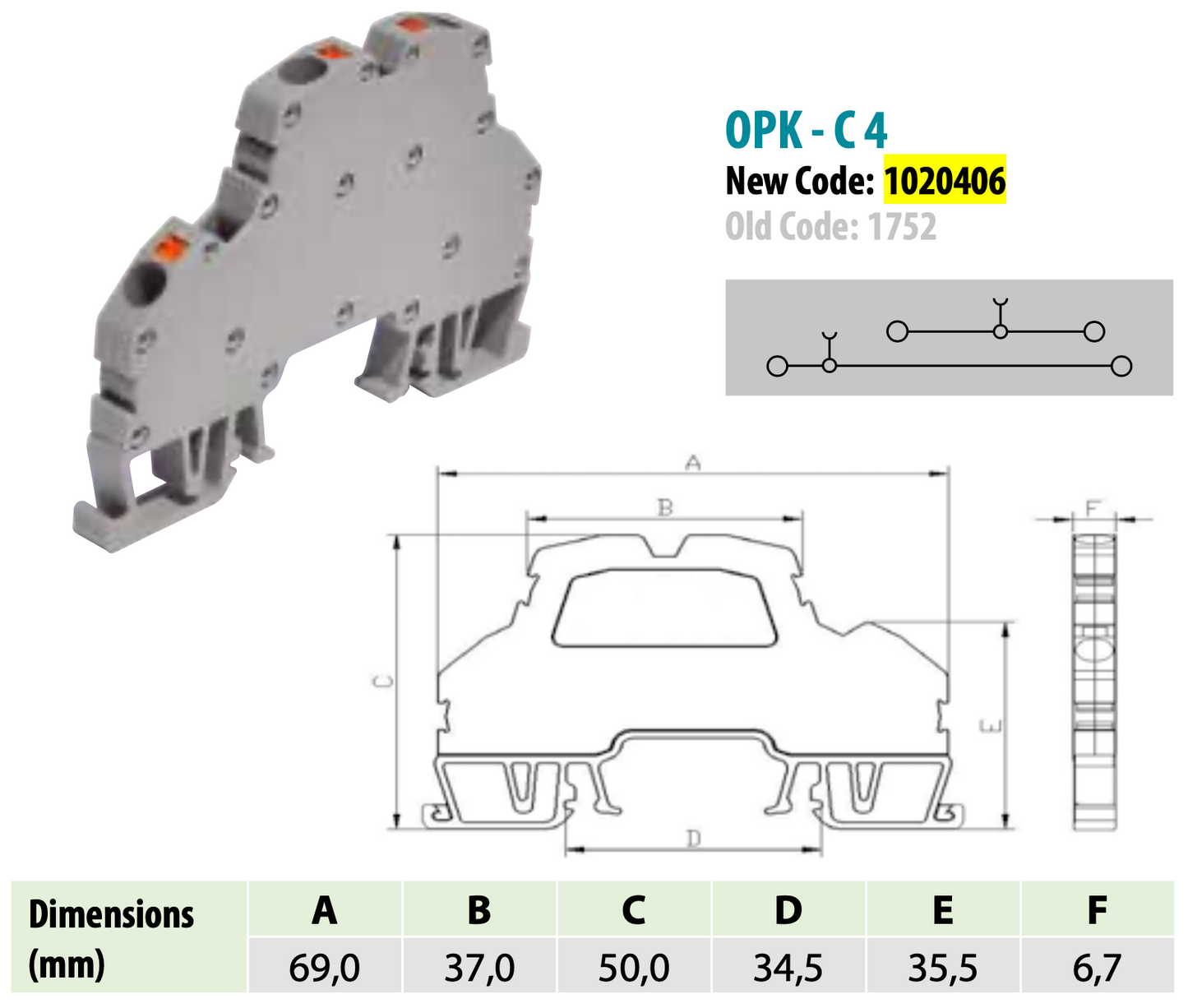 ONKA 4mm2, 2-way spring-loaded terminal block DIN rail terminal 4-wire gray, 1020406