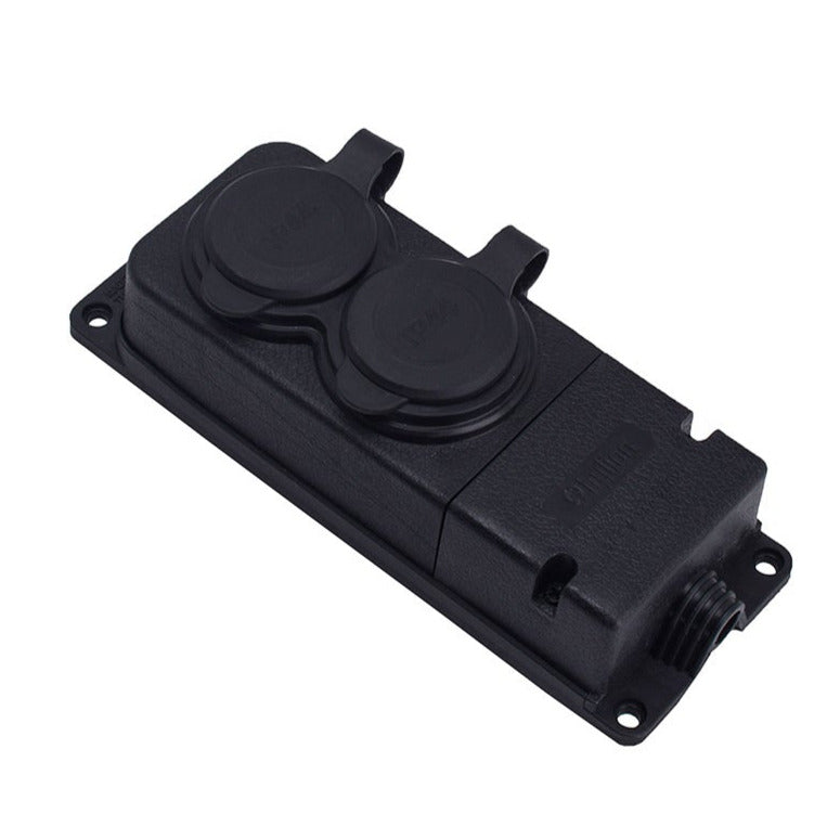 Gummidoppelsteckdose schwarz hermetisch aufliegend 250V, 16A, IP44, SCHUKO 2P+Z, 2KMP-F, Bylion