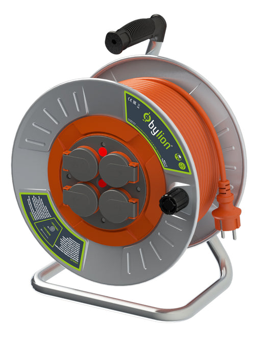 Professional metal reel with copper cable 3x2.5 mm2, IP44 with overload protection, current 16A French type with 4 sockets, length 50M, cable color: orange