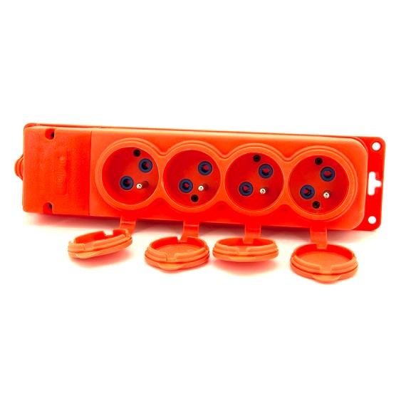 4x Gummisteckdose "Gummi" orange mit Deckel hermetisch IP44 250V, 16A, 2P+Z, französischer Typ E,4KMP-E-O, Bylion
