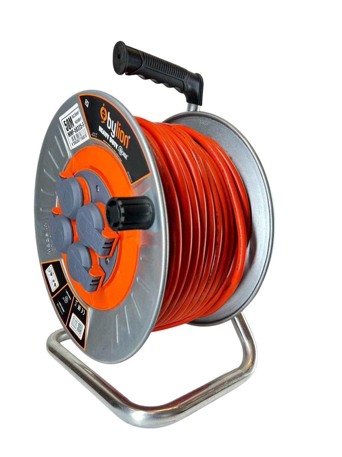 Professionelle Metallwinde mit Kupferkabel 3x2,5 mm2, IP44 mit Überlastschutz, Stromstärke 16 A Französischer Typ mit 4 Steckdosen, Länge 50M, Kabelfarbe: orange