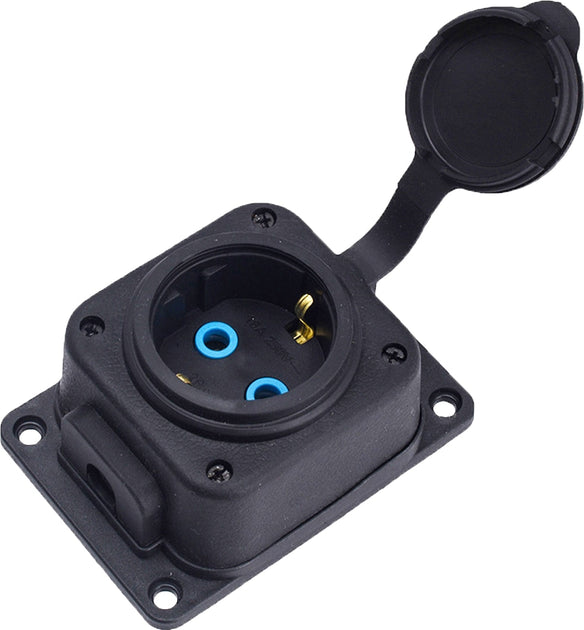 Schwarze "Gummi"-Aufputzdose 250V, 16A, IP44, SCHUKO 2P+Z, 1KMP-F, Bylion