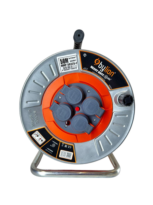 Professional metal reel with copper cable 3x2.5 mm2, IP44 with overload protection, current 16A French type with 4 sockets, length 50M, cable color: orange