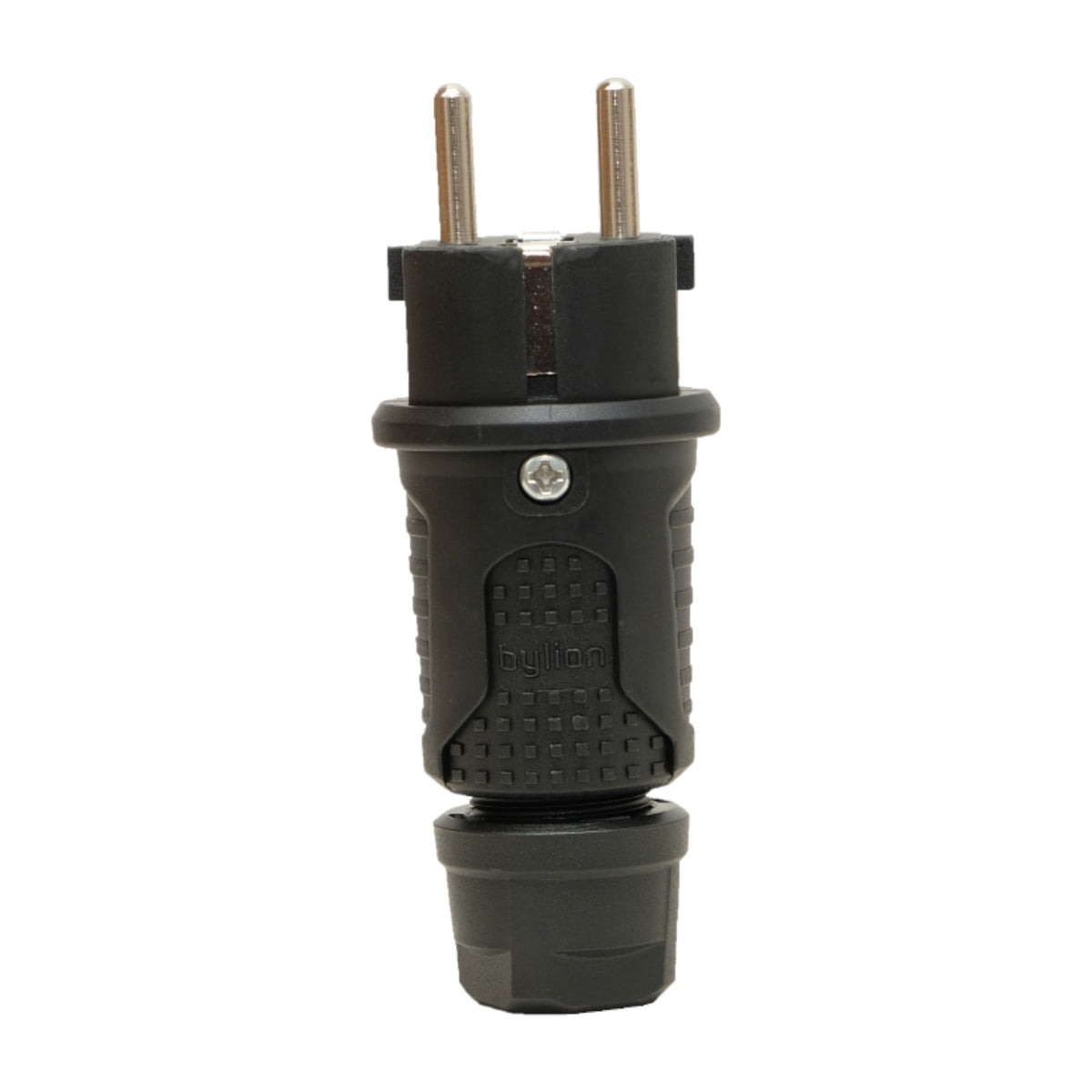 Black rubber plug IP54, 250V 16A per cable, Uni-Schuko (double grounding), 2P+E, REF, Bylion