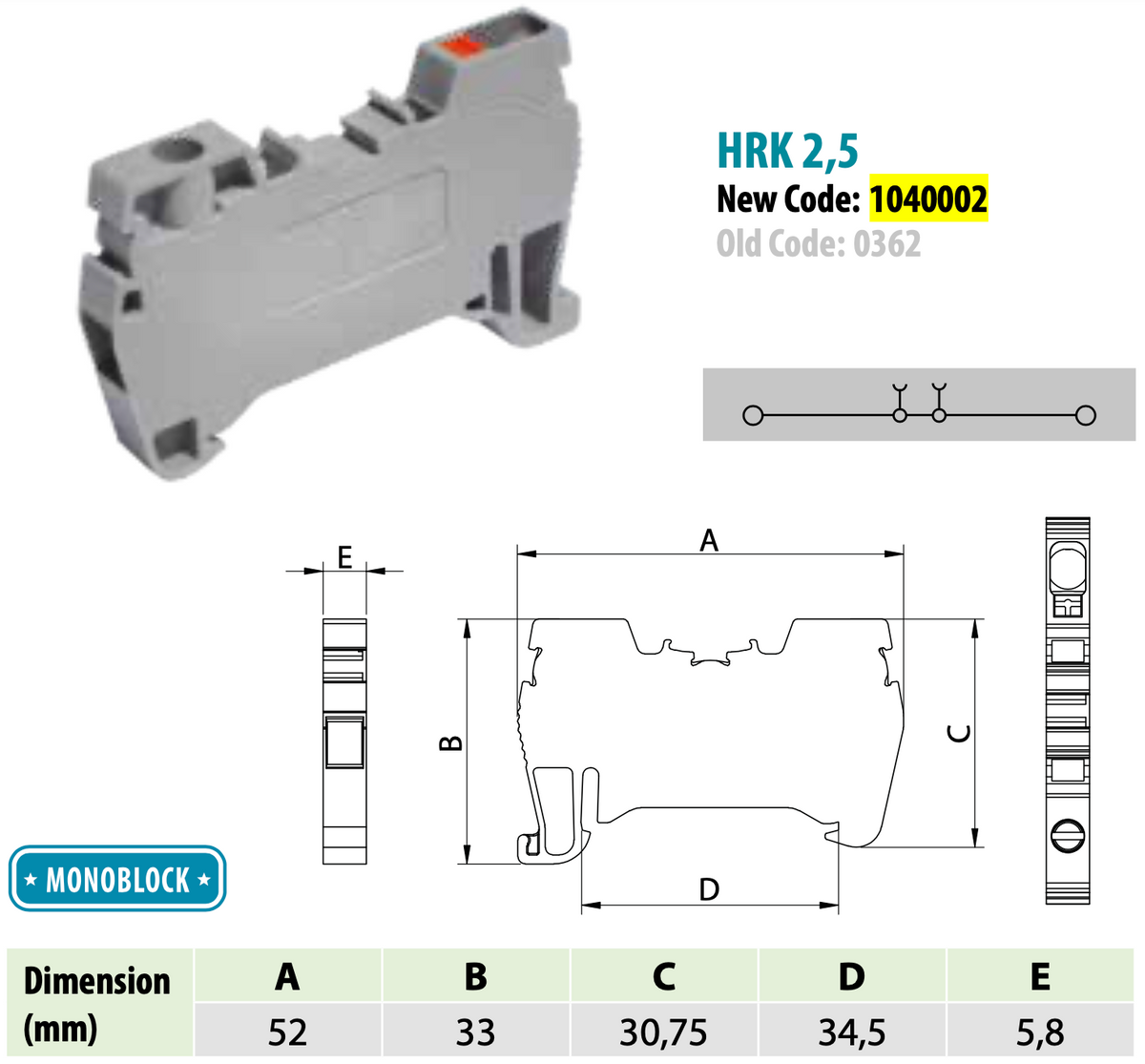 ONKA 2.5mm2 hybrid screw/spring rail terminal block, DIN rail terminal block, 2-wire, grey, 1040002
