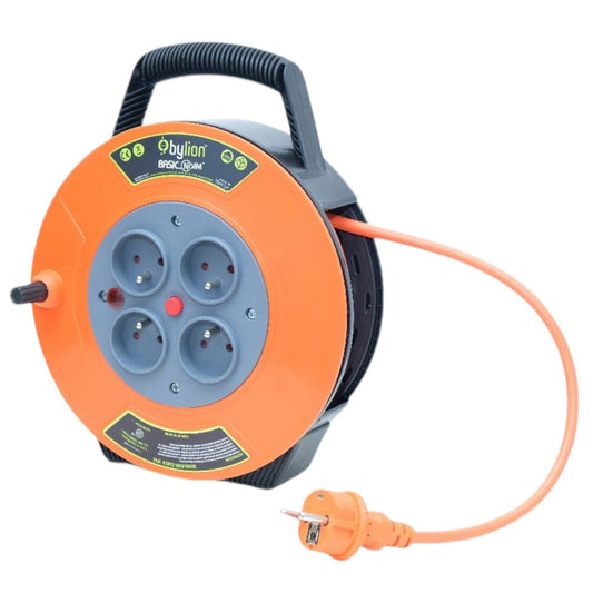 Compact retractable cable reel/cable drum, 10m cable with 4 sockets IP20 + thermal fuse