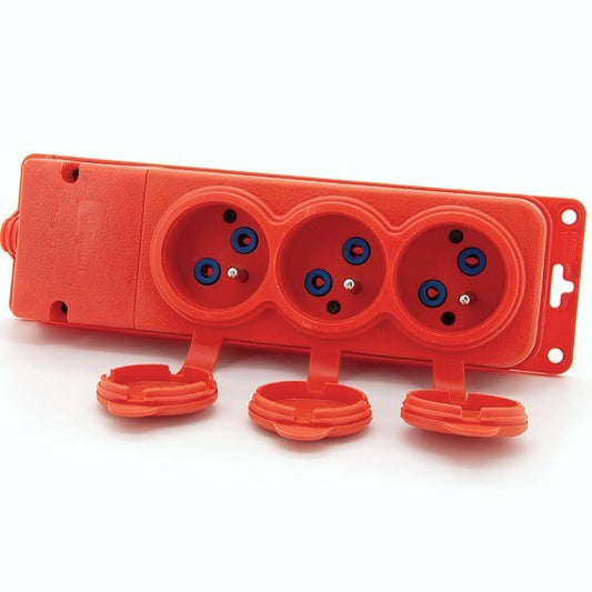 3x Socket, French Type E, Triple "Rubber" Orange Socket with Hermetic Cover IP44 250V, 16A, 2P+E, 3KMP-E-O, Bylion